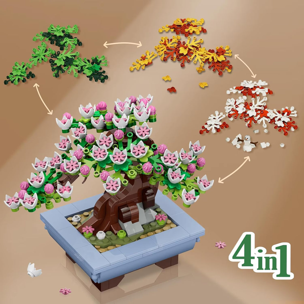 TERRAMUS 4 in 1 Four Seasons Bonsai Tree Building Set, 584 PCS Botanical Collection Cherry Blossom Brick Toy, Desk Decor Gifts Adults Kids 6+