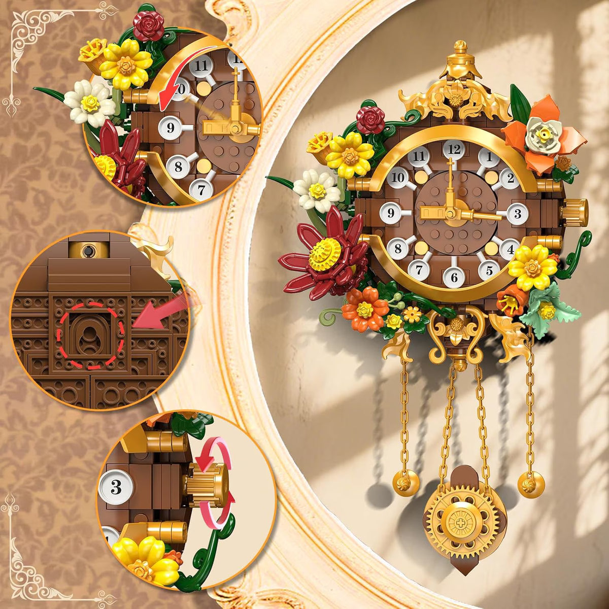 TERRAMUS Flowers Retro Telephone Clock Building Set, 2 in 1 Vintage Phone & Flower Clock Model, 882 Pcs Collectible Kit for Home Decor, Gift for Adults, Teens Age 12+