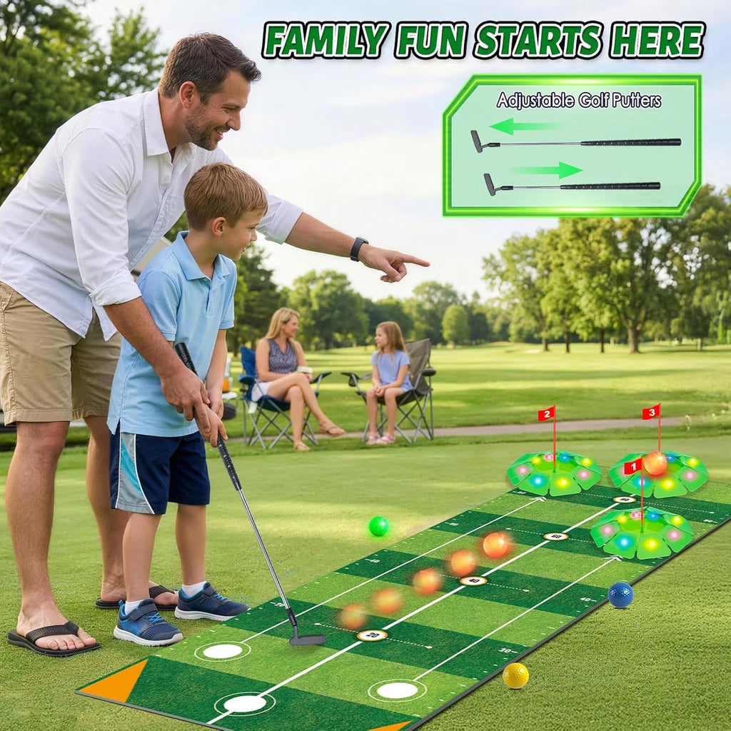 TERRAMUS Kids Golf Toy Set, 6.5ft Putting Mat Adjustable Putter 3 Target Holes 4 High-Visibility Balls Indoor Outdoor Sport Game Gift Kids Age 3+