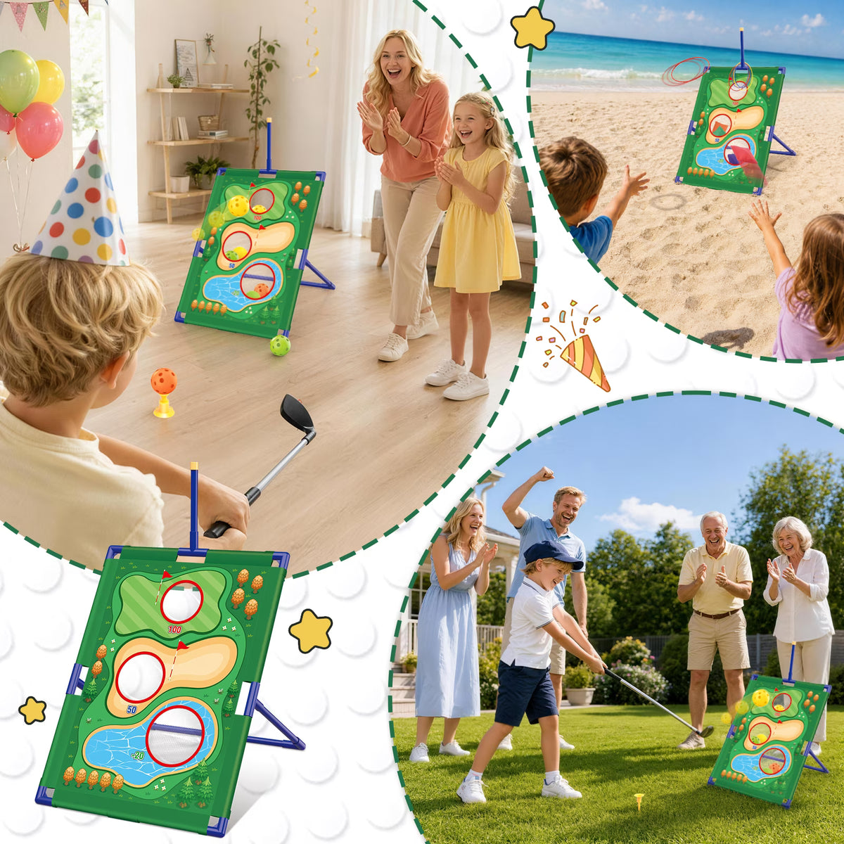 TERRAMUS 3 in 1 Kids Golf Game Set, Outdoor Indoor Golf Chipping Net with Golf Club, Bean Bags & Ring Toss, Sports Toys Gifts Boys Girls Ages 3+