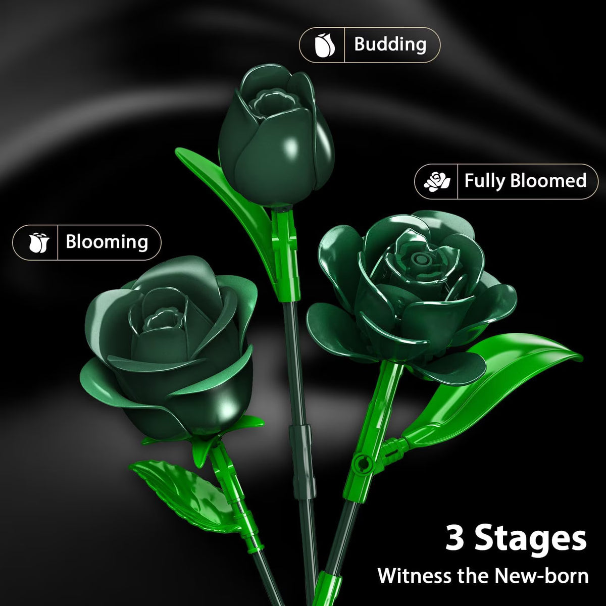 TERRAMUS Green Roses Bouquet Building Set with LED Lights,16 Roses & Red Gypsophila Artificial Flowers Botanical Collection Gift for Her Home & Office Decor (523Pcs)