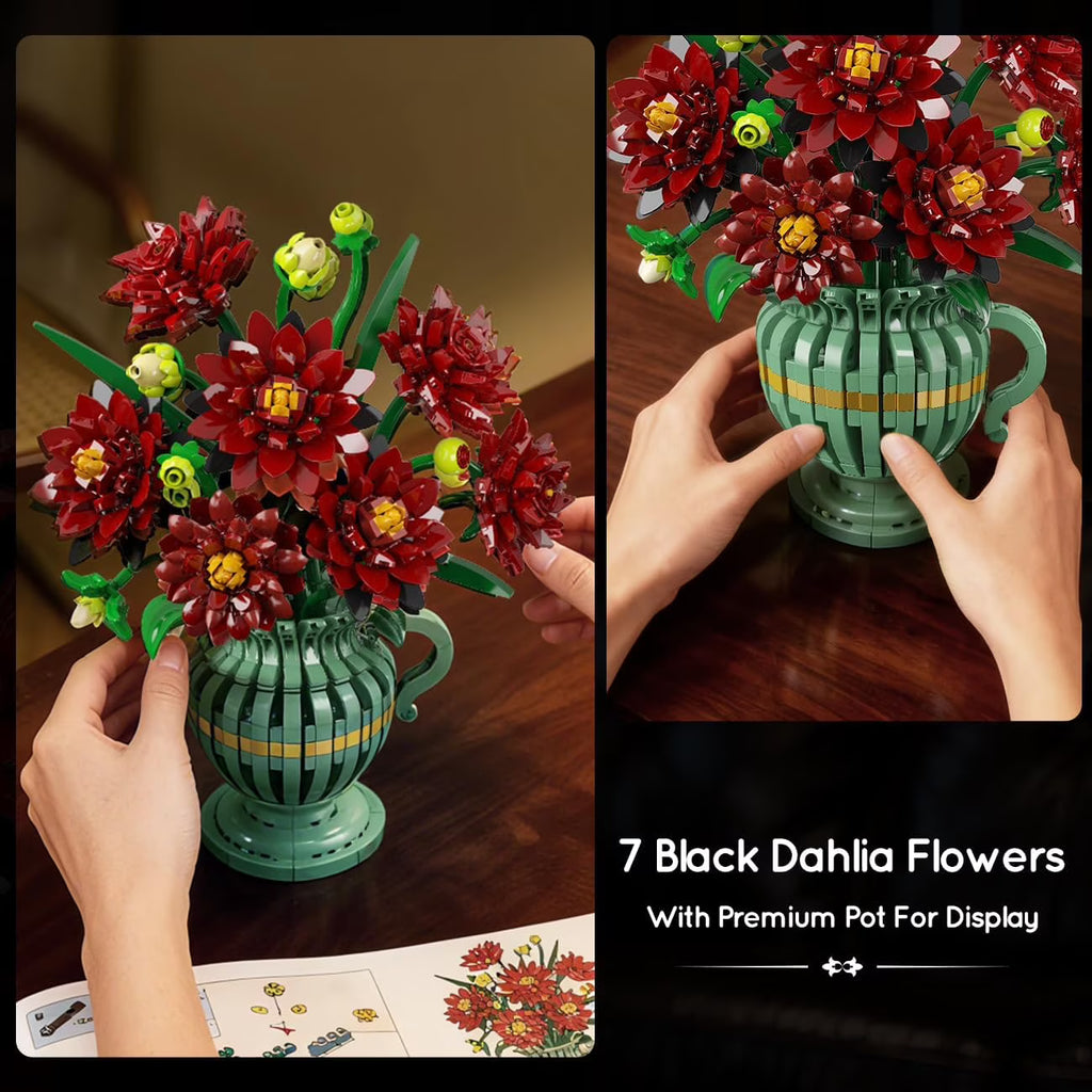 TERRAMUS Dahlia Flower Bouquet Building Set with Vase, 1482 Pcs Flower Bouquet Botanical Collection Building Block, Artificial Plant Bonsai Kit Home Decor Construction Toy for Ages 12+