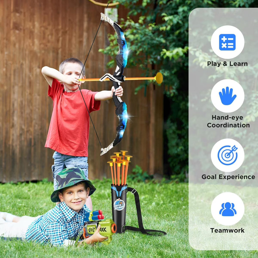 TERRAMUS Kids Archery Target Game Set, 2-Pack Luminescent Active Bows with Pneumatic Launchers Vacuum Suction Arrows Toys for Boys Girls Ages 5-11+