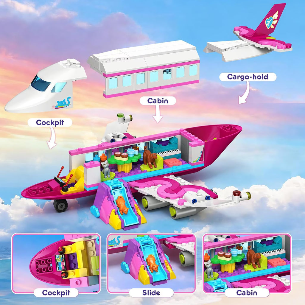 TERRAMUS 3-in-1 Friends Airplane Building Set with LED Light, 642PCS Passenger Plane/Submarine/Space Shuttle Building Toys with Playground, Taxi Car, Slide, STEM Gifts for Kids Girls Boys Ages 6-12+
