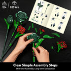 TERRAMUS Green Roses Bouquet Building Set with LED Lights,16 Roses & Red Gypsophila Artificial Flowers Botanical Collection Gift for Her Home & Office Decor (523Pcs)