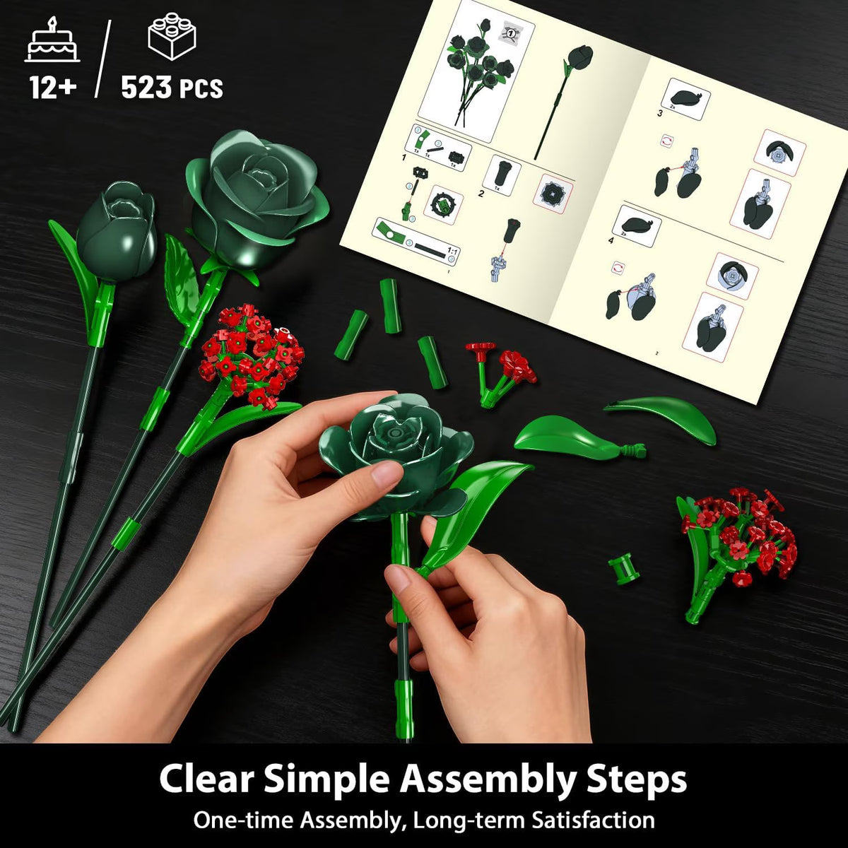 TERRAMUS Green Roses Bouquet Building Set with LED Lights,16 Roses & Red Gypsophila Artificial Flowers Botanical Collection Gift for Her Home & Office Decor (523Pcs)