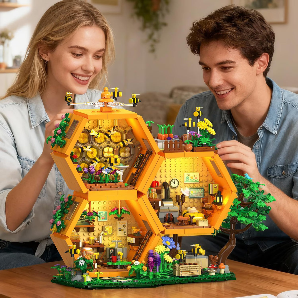 TERRAMUS Bee Farm House Building Set, 1773 Pcs Honey Cabin Botanical Treehouse Block Kit Home Office Decor Toys for Kids Adults Age 12+
