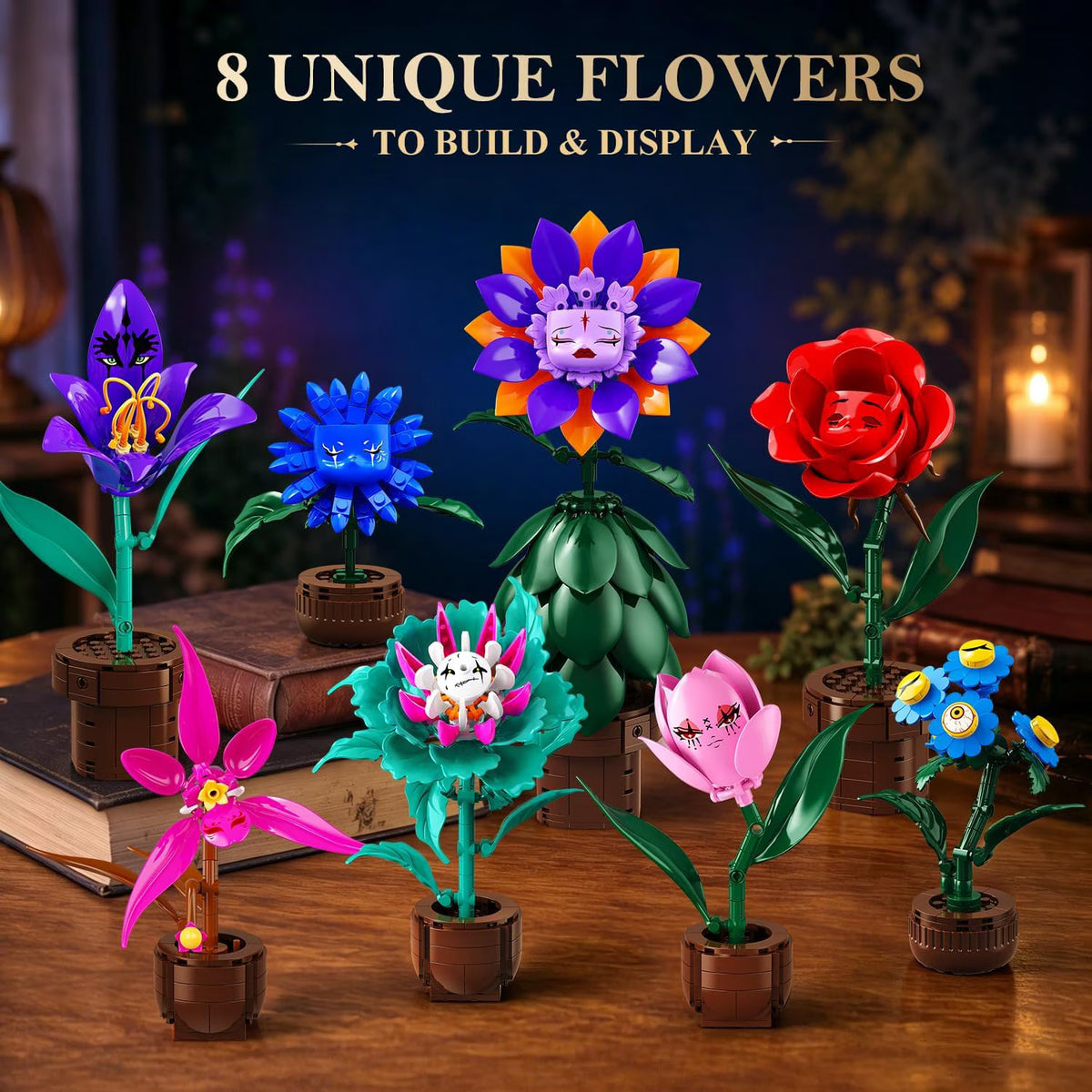 TERRAMUS 8 Pack Fantasy Flower Botanical Building Set, Whimsical Expression Rose Orchid Plant Bricks, Toys for Kids Adults Ages 12+