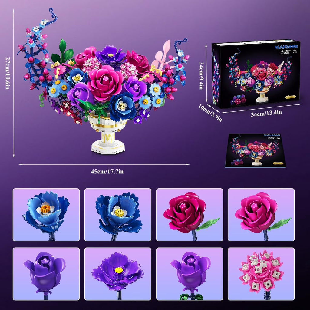 TERRAMUS Moon Flower Bouquet Building Set with LED Light, 1274 Pcs Crescent Shape Floral Building Kit, Lunar Flower Home Decor Gifts for Women Adults Ages 12+