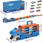 TERRAMUS Dinosaur Transport Truck Toy, 2-in-1 Folding 65-Inch Racing Track Carrier Vehicle with 8 Diecast Cars Toys for Toddlers Kids Age 3+