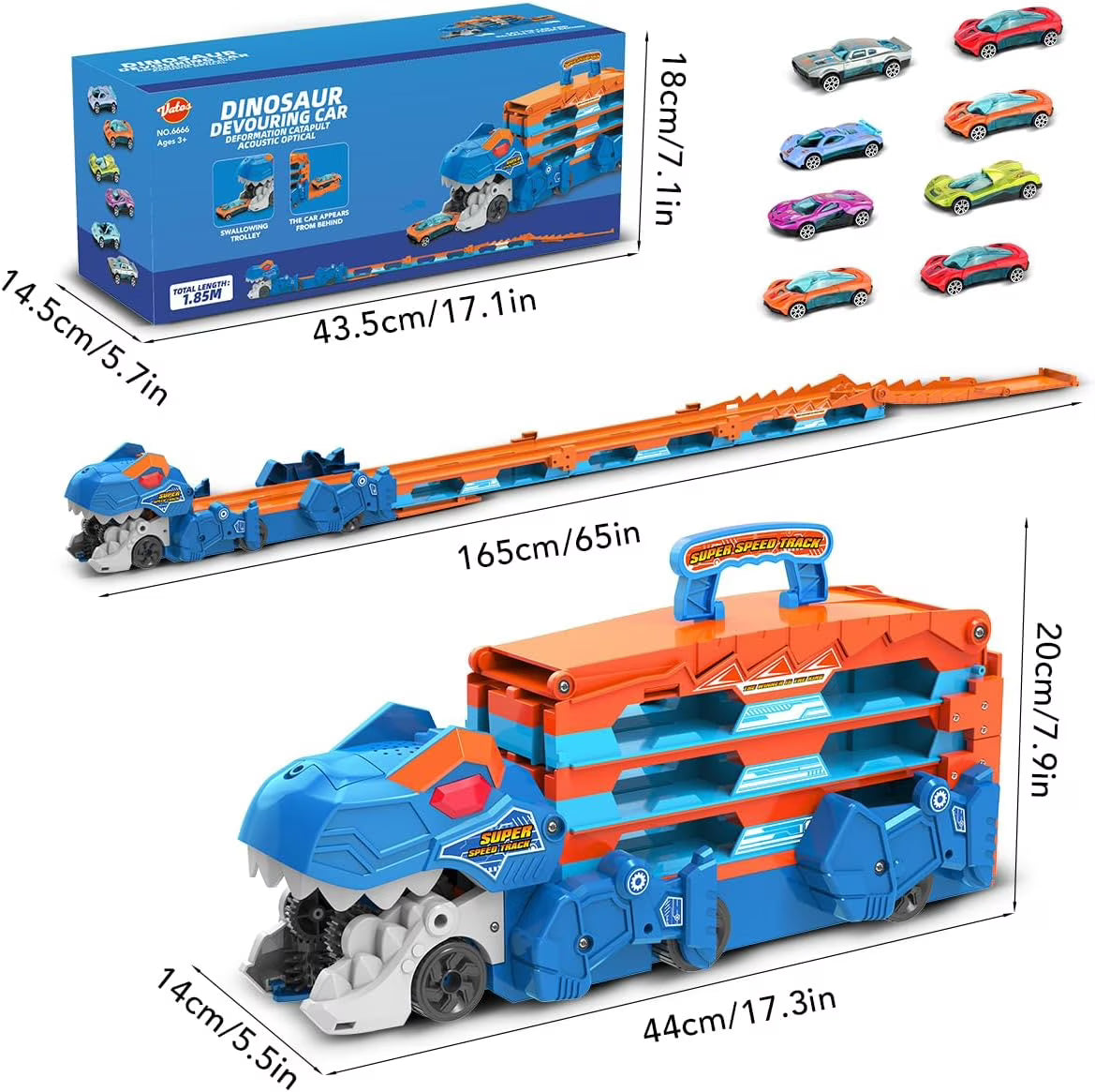 TERRAMUS Dinosaur Transport Truck Toy, 2-in-1 Folding 65-Inch Racing Track Carrier Vehicle with 8 Diecast Cars Toys for Toddlers Kids Age 3+