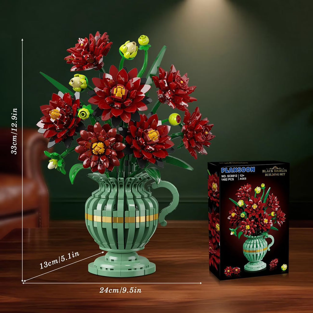 TERRAMUS Dahlia Flower Bouquet Building Set with Vase, 1482 Pcs Flower Bouquet Botanical Collection Building Block, Artificial Plant Bonsai Kit Home Decor Construction Toy for Ages 12+