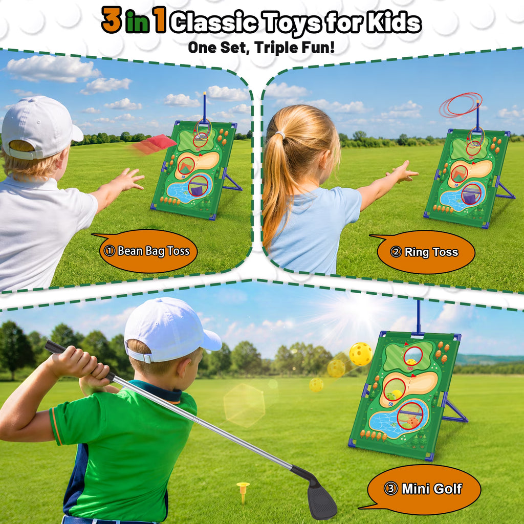 TERRAMUS 3 in 1 Kids Golf Game Set, Outdoor Indoor Golf Chipping Net with Golf Club, Bean Bags & Ring Toss, Sports Toys Gifts Boys Girls Ages 3+