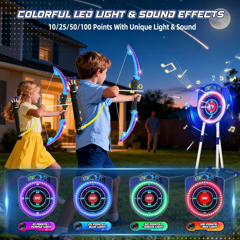 TERRAMUS 2 Pack Light Up Bow and Arrow Set for Kids with Electronic Scoring Target, 10 Suction Cup Arrows, 2 Quivers, Indoor Outdoor Target Game for Boys Girls Ages 5-12
