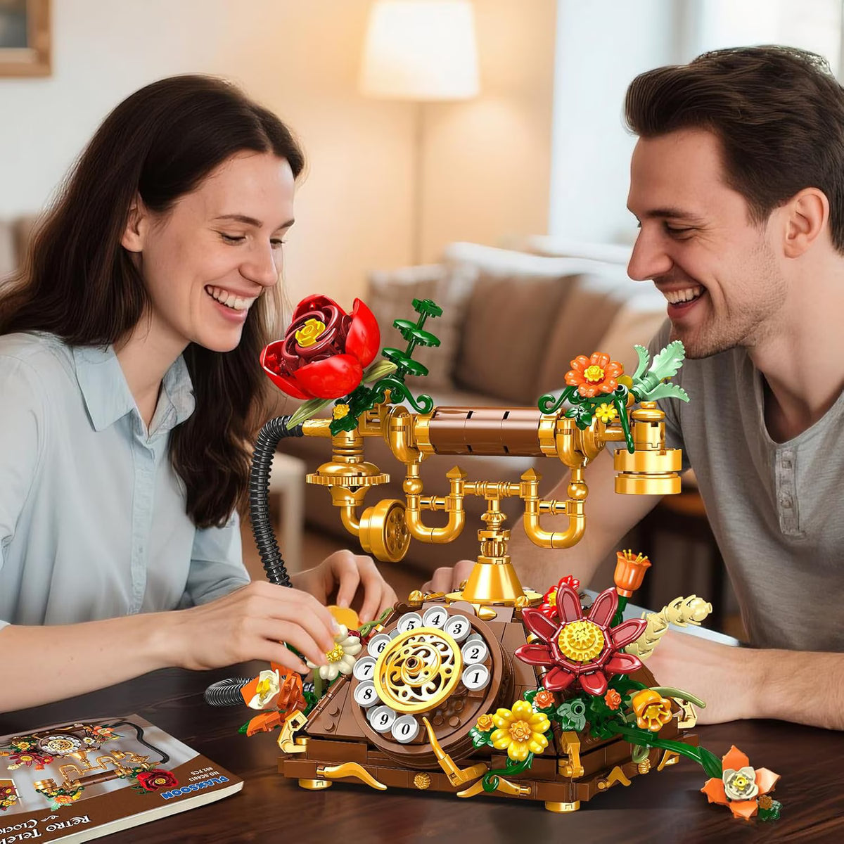 TERRAMUS Flowers Retro Telephone Clock Building Set, 2 in 1 Vintage Phone & Flower Clock Model, 882 Pcs Collectible Kit for Home Decor, Gift for Adults, Teens Age 12+