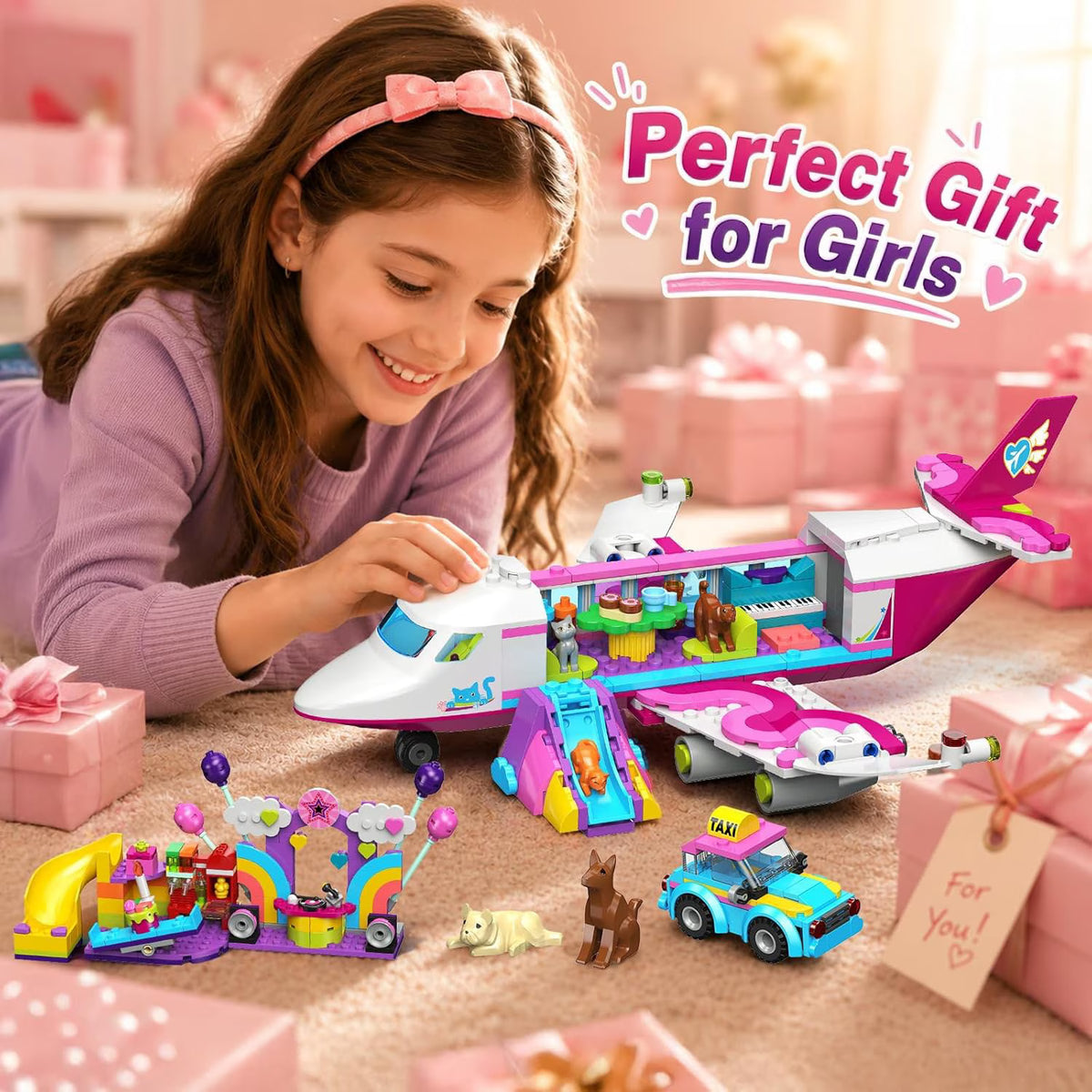 TERRAMUS 3-in-1 Friends Airplane Building Set with LED Light, 642PCS Passenger Plane/Submarine/Space Shuttle Building Toys with Playground, Taxi Car, Slide, STEM Gifts for Kids Girls Boys Ages 6-12+