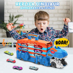 TERRAMUS Dinosaur Transport Truck Toy, 2-in-1 Folding 65-Inch Racing Track Carrier Vehicle with 8 Diecast Cars Toys for Toddlers Kids Age 3+