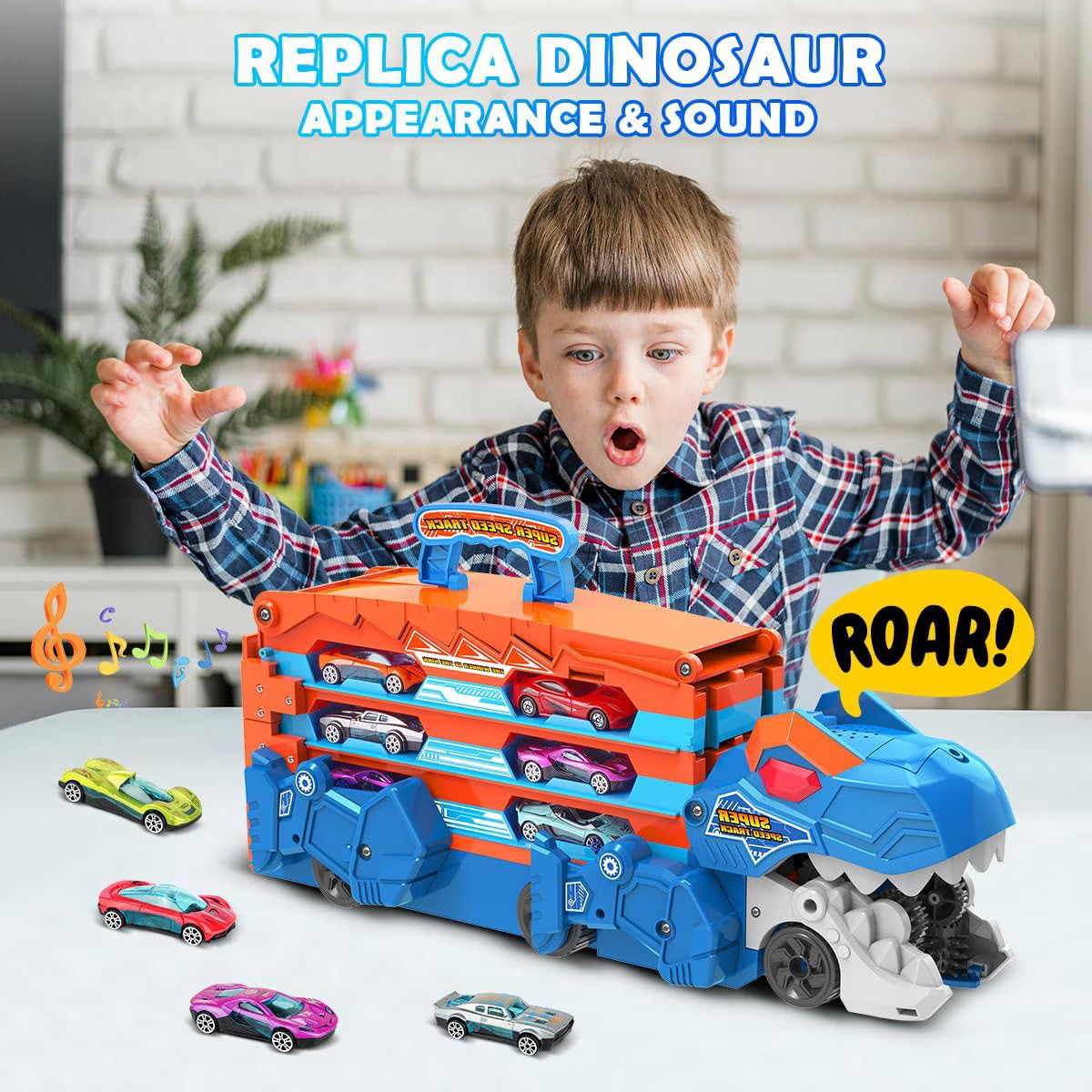 TERRAMUS Dinosaur Transport Truck Toy, 2-in-1 Folding 65-Inch Racing Track Carrier Vehicle with 8 Diecast Cars Toys for Toddlers Kids Age 3+