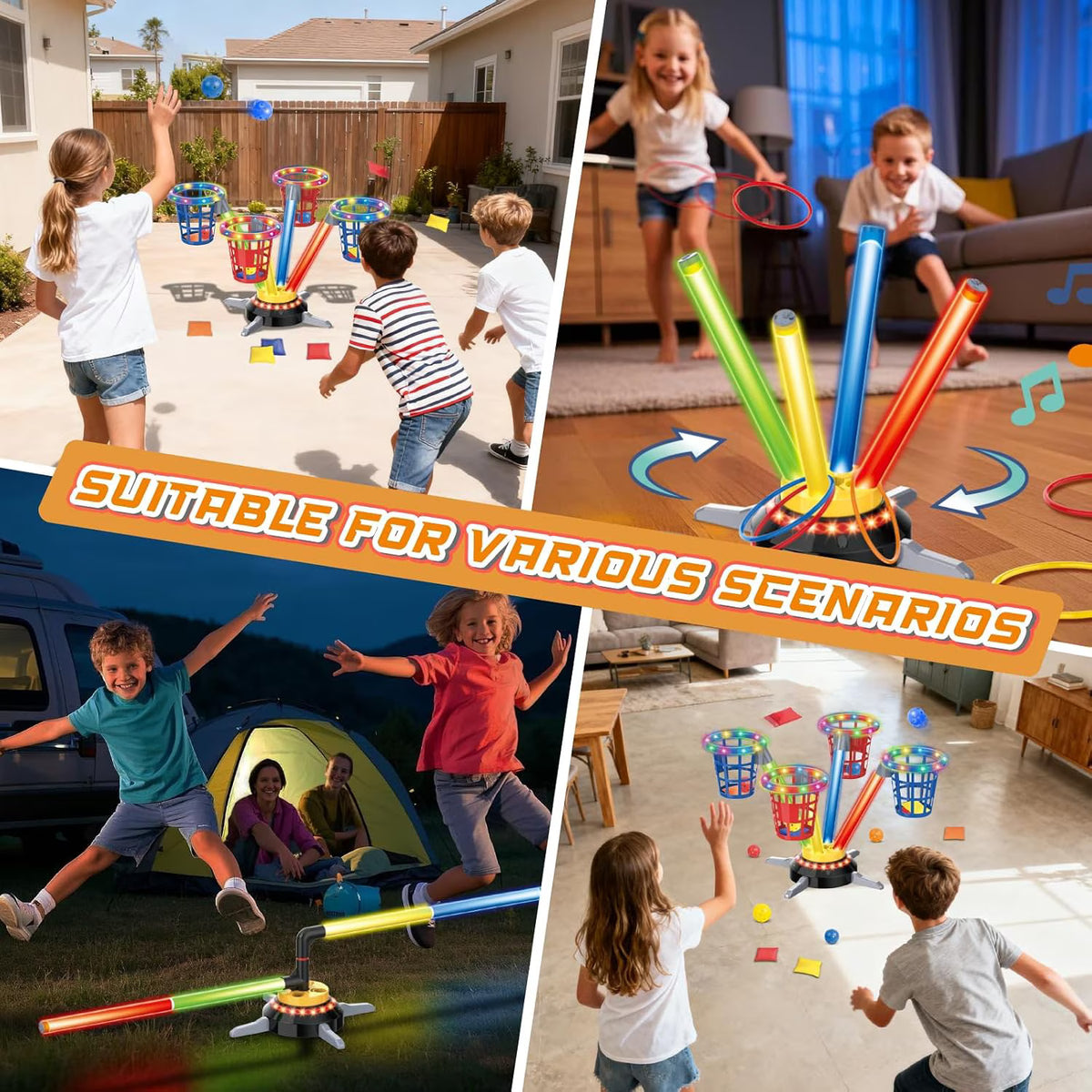 TERRAMUS 3-in-1 Bean Bag and Ring Toss Game Set, Active Motion Spinning Base Yard Sport Toy with 12 Sandbags 12 Rings 12 Balls for Kids Age 3+
