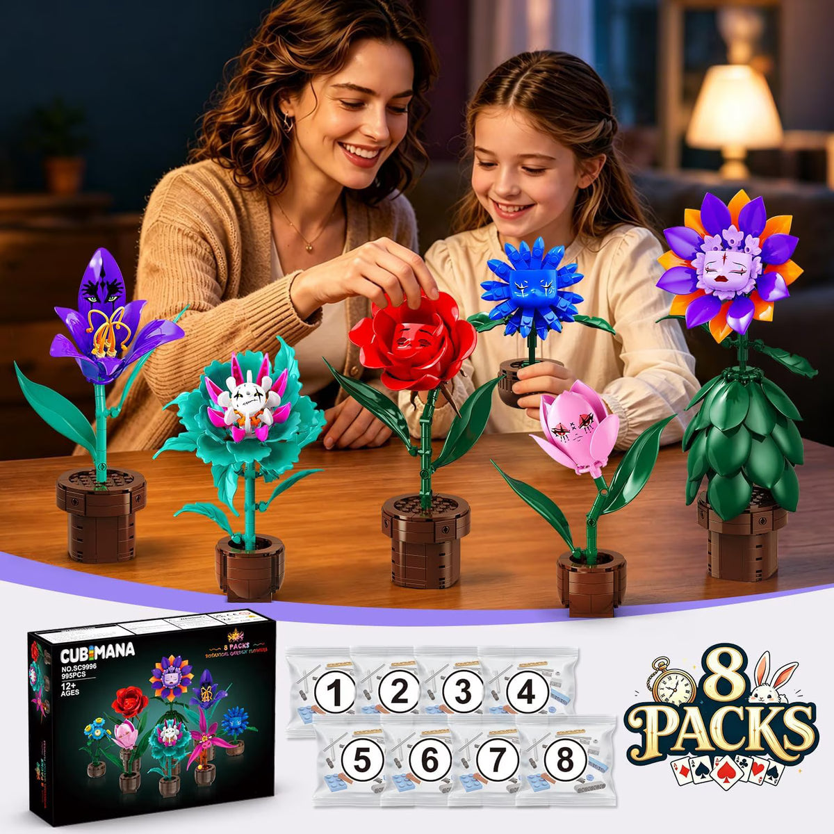 TERRAMUS 8 Pack Fantasy Flower Botanical Building Set, Whimsical Expression Rose Orchid Plant Bricks, Toys for Kids Adults Ages 12+