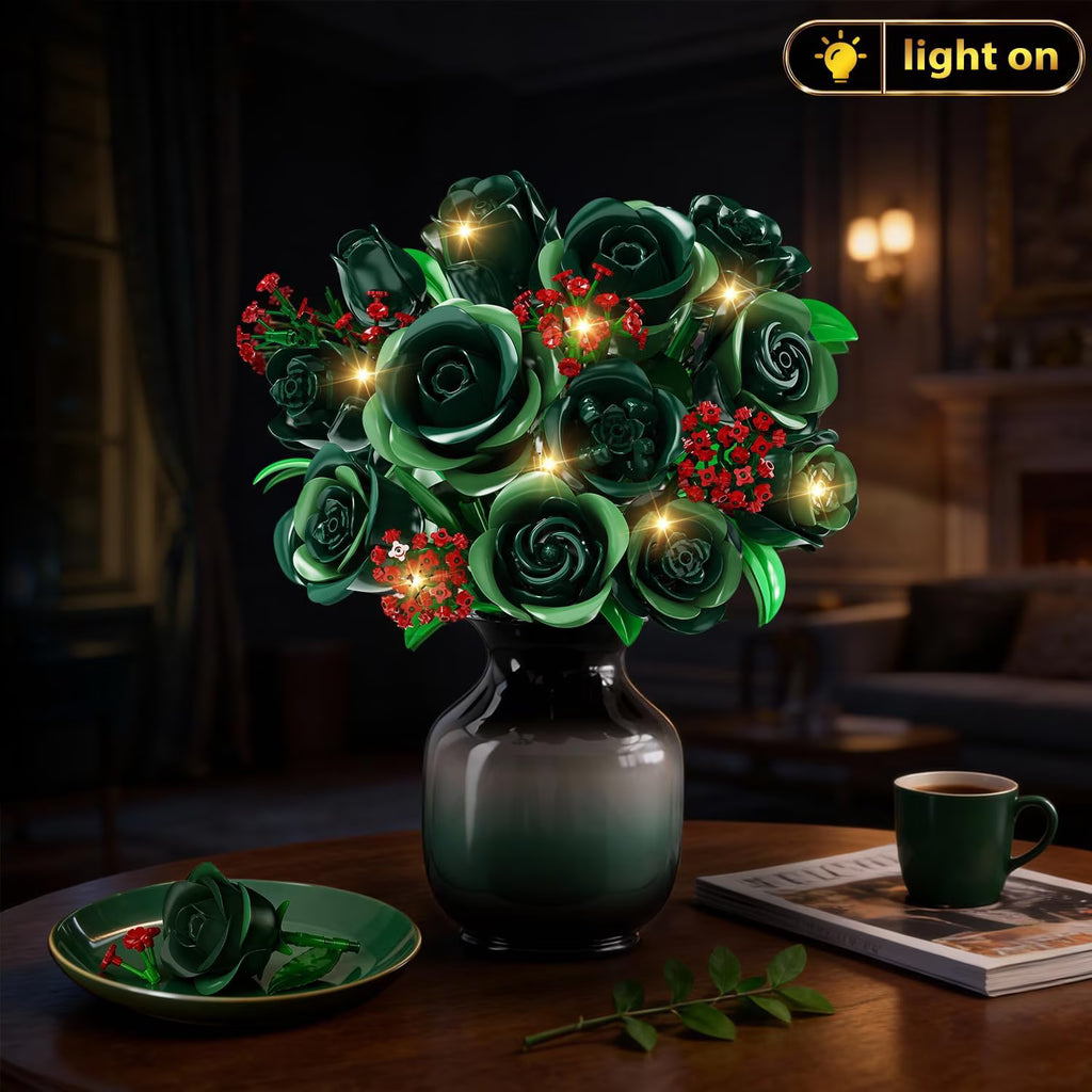 TERRAMUS Green Roses Bouquet Building Set with LED Lights,16 Roses & Red Gypsophila Artificial Flowers Botanical Collection Gift for Her Home & Office Decor (523Pcs)