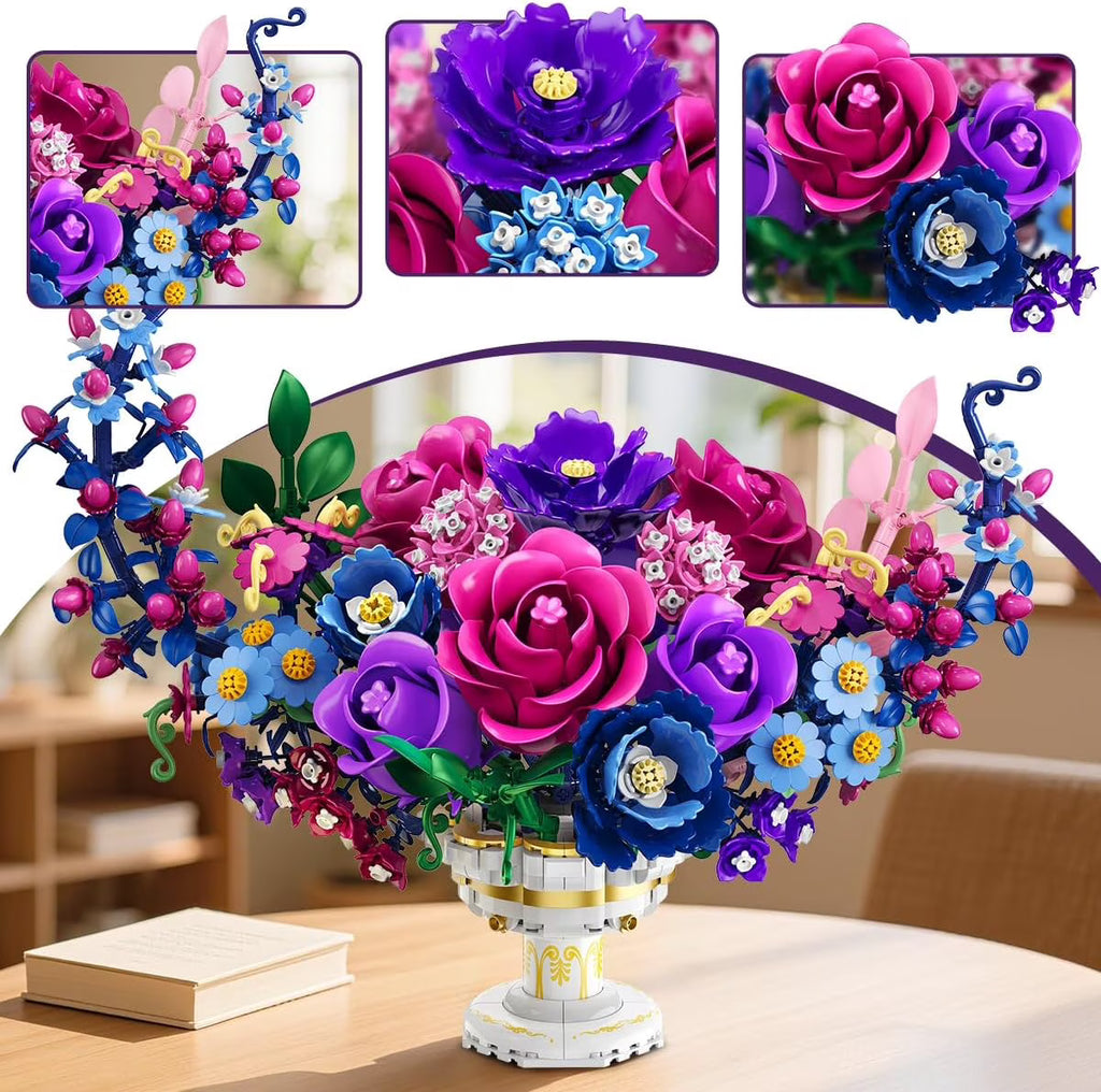 TERRAMUS Moon Flower Bouquet Building Set with LED Light, 1274 Pcs Crescent Shape Floral Building Kit, Lunar Flower Home Decor Gifts for Women Adults Ages 12+