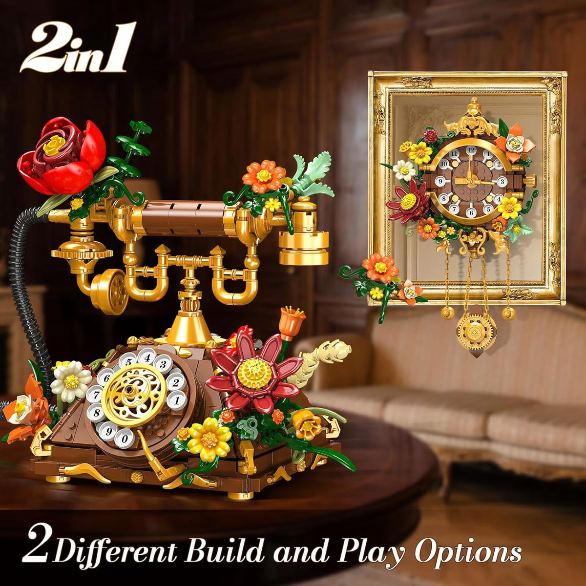 TERRAMUS Flowers Retro Telephone Clock Building Set, 2 in 1 Vintage Phone & Flower Clock Model, 882 Pcs Collectible Kit for Home Decor, Gift for Adults, Teens Age 12+