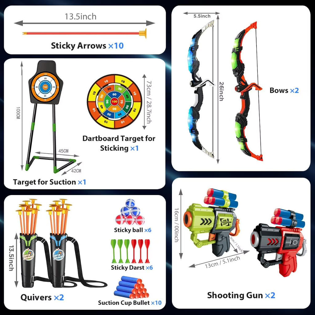 TERRAMUS Kids Archery Target Game Set, 2-Pack Luminescent Active Bows with Pneumatic Launchers Vacuum Suction Arrows Toys for Boys Girls Ages 5-11+