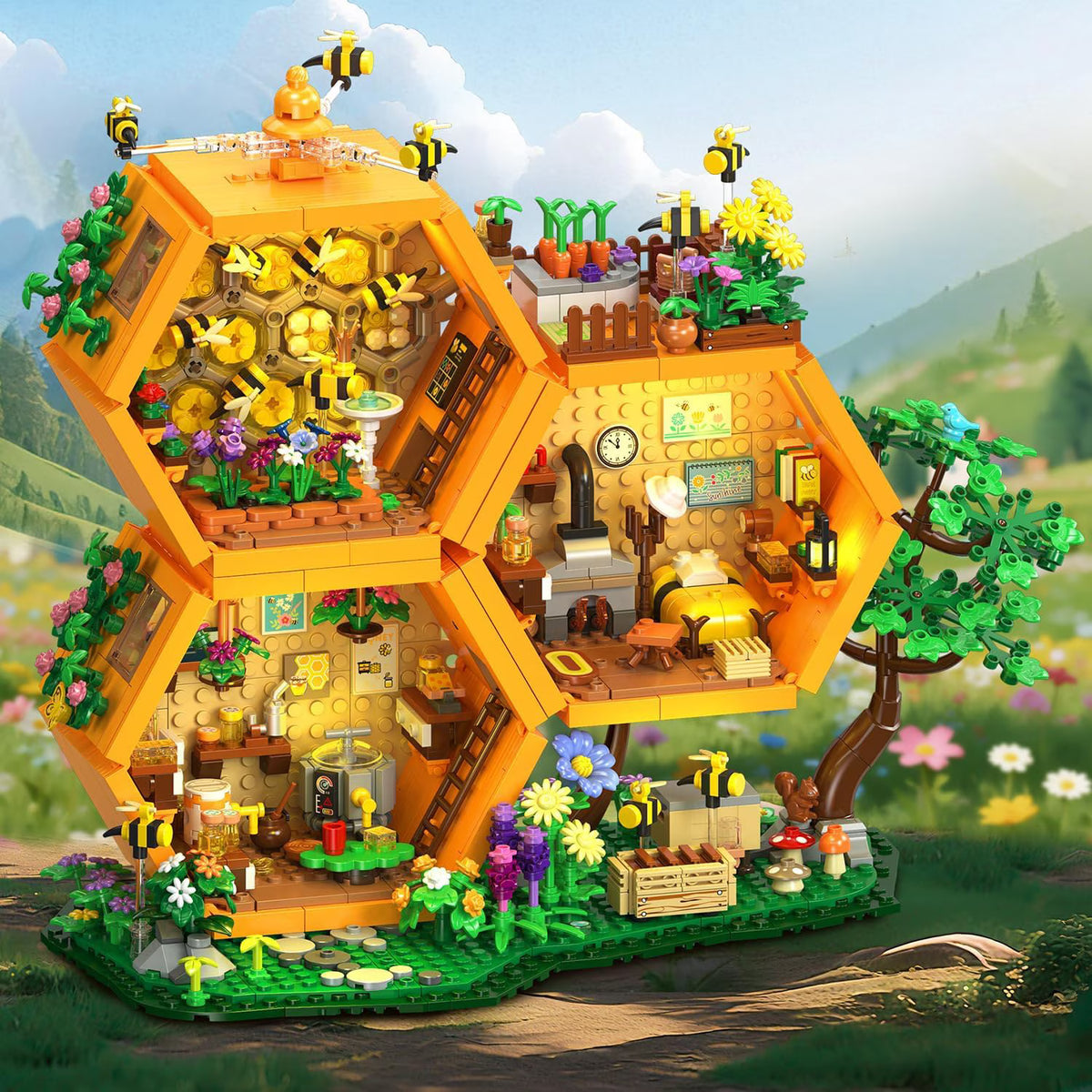 TERRAMUS Bee Farm House Building Set, 1773 Pcs Honey Cabin Botanical Treehouse Block Kit Home Office Decor Toys for Kids Adults Age 12+