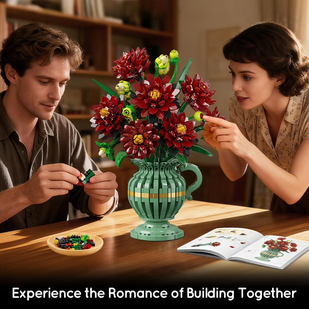 TERRAMUS Dahlia Flower Bouquet Building Set with Vase, 1482 Pcs Flower Bouquet Botanical Collection Building Block, Artificial Plant Bonsai Kit Home Decor Construction Toy for Ages 12+