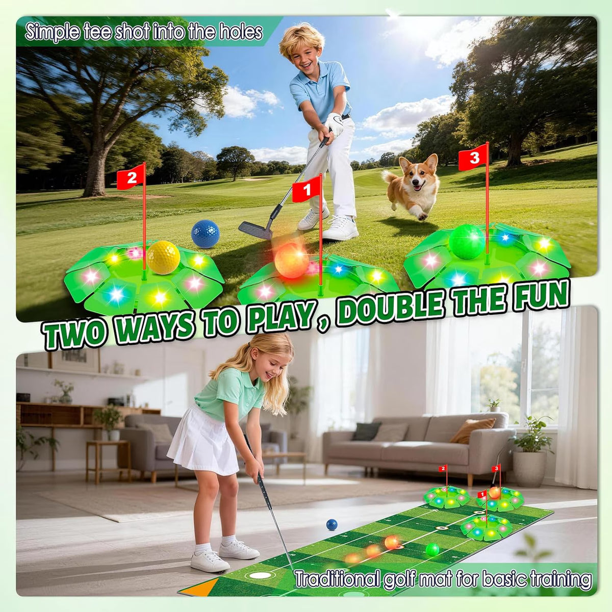 TERRAMUS Kids Golf Toy Set, 6.5ft Putting Mat Adjustable Putter 3 Target Holes 4 High-Visibility Balls Indoor Outdoor Sport Game Gift Kids Age 3+