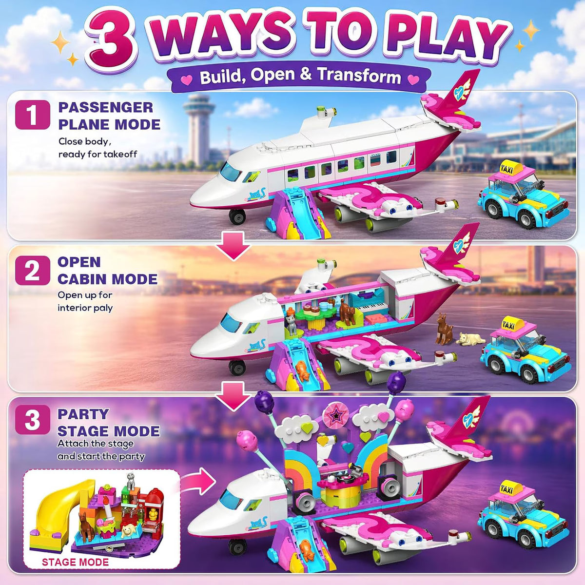 TERRAMUS 3-in-1 Friends Airplane Building Set with LED Light, 642PCS Passenger Plane/Submarine/Space Shuttle Building Toys with Playground, Taxi Car, Slide, STEM Gifts for Kids Girls Boys Ages 6-12+