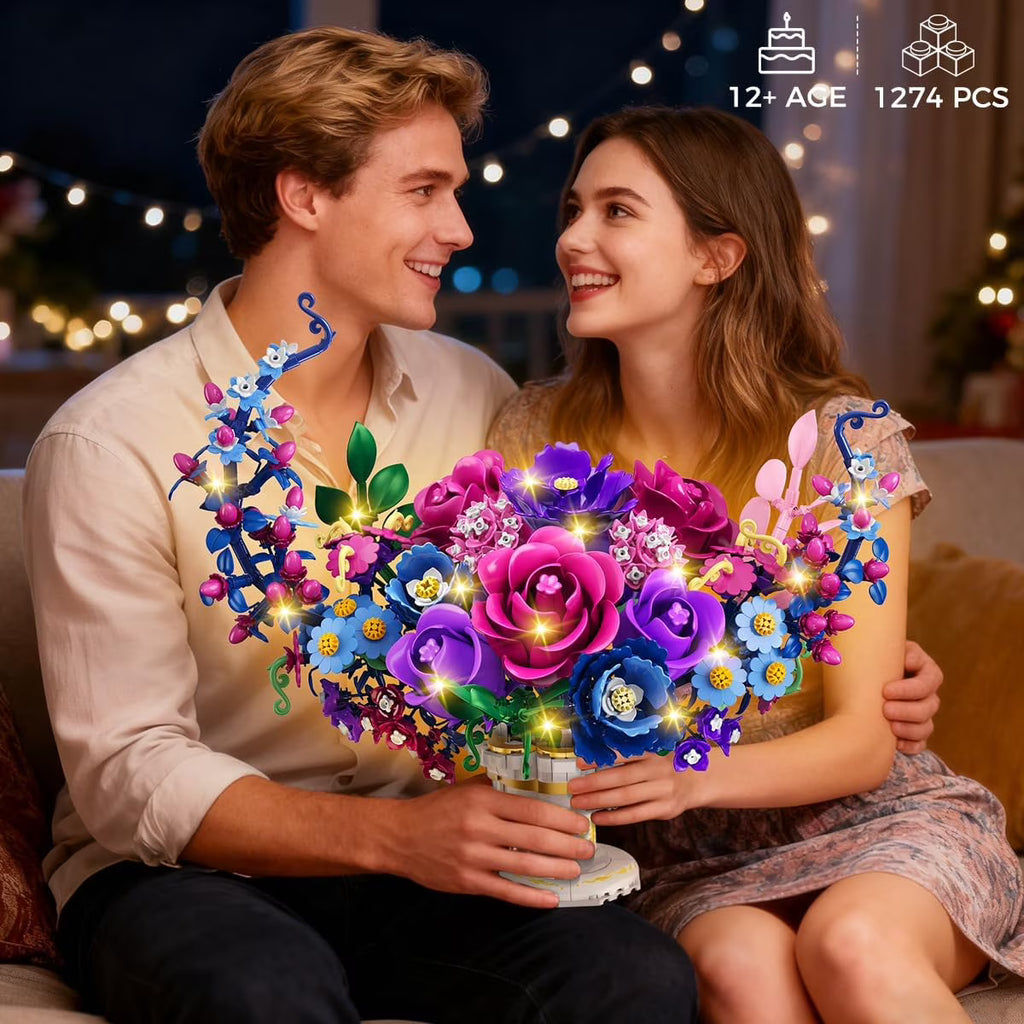 TERRAMUS Moon Flower Bouquet Building Set with LED Light, 1274 Pcs Crescent Shape Floral Building Kit, Lunar Flower Home Decor Gifts for Women Adults Ages 12+