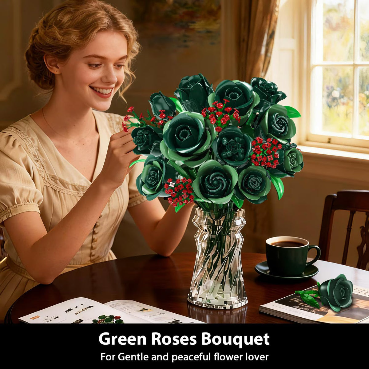 TERRAMUS Green Roses Bouquet Building Set with LED Lights,16 Roses & Red Gypsophila Artificial Flowers Botanical Collection Gift for Her Home & Office Decor (523Pcs)