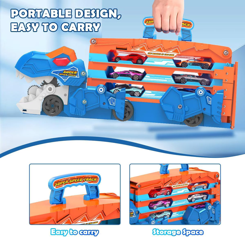 TERRAMUS Dinosaur Transport Truck Toy, 2-in-1 Folding 65-Inch Racing Track Carrier Vehicle with 8 Diecast Cars Toys for Toddlers Kids Age 3+