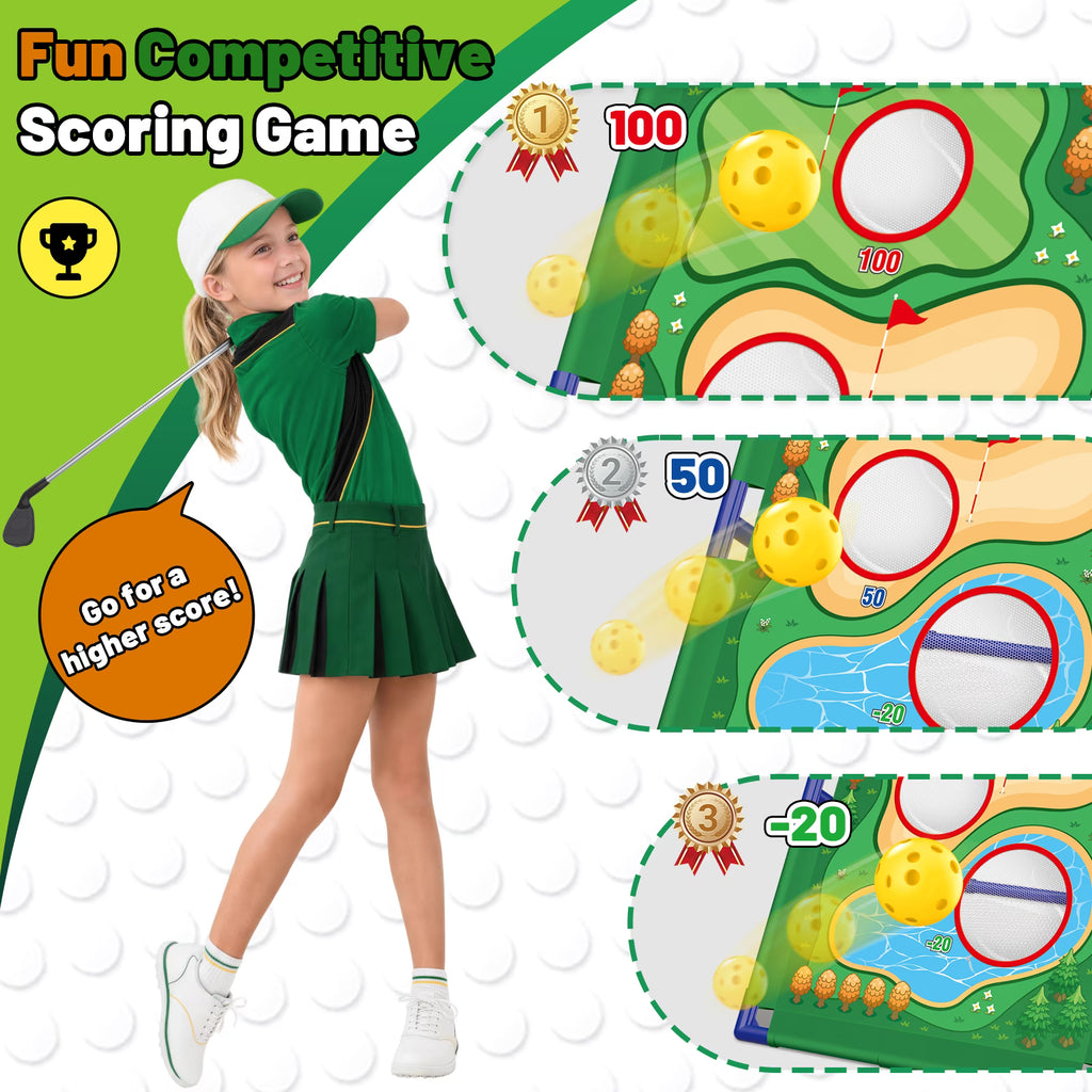 TERRAMUS 3 in 1 Kids Golf Game Set, Outdoor Indoor Golf Chipping Net with Golf Club, Bean Bags & Ring Toss, Sports Toys Gifts Boys Girls Ages 3+