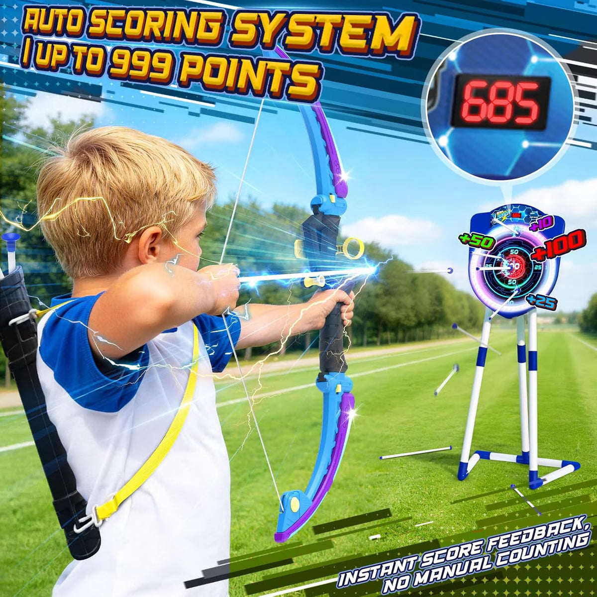 TERRAMUS 2 Pack Light Up Bow and Arrow Set for Kids with Electronic Scoring Target, 10 Suction Cup Arrows, 2 Quivers, Indoor Outdoor Target Game for Boys Girls Ages 5-12