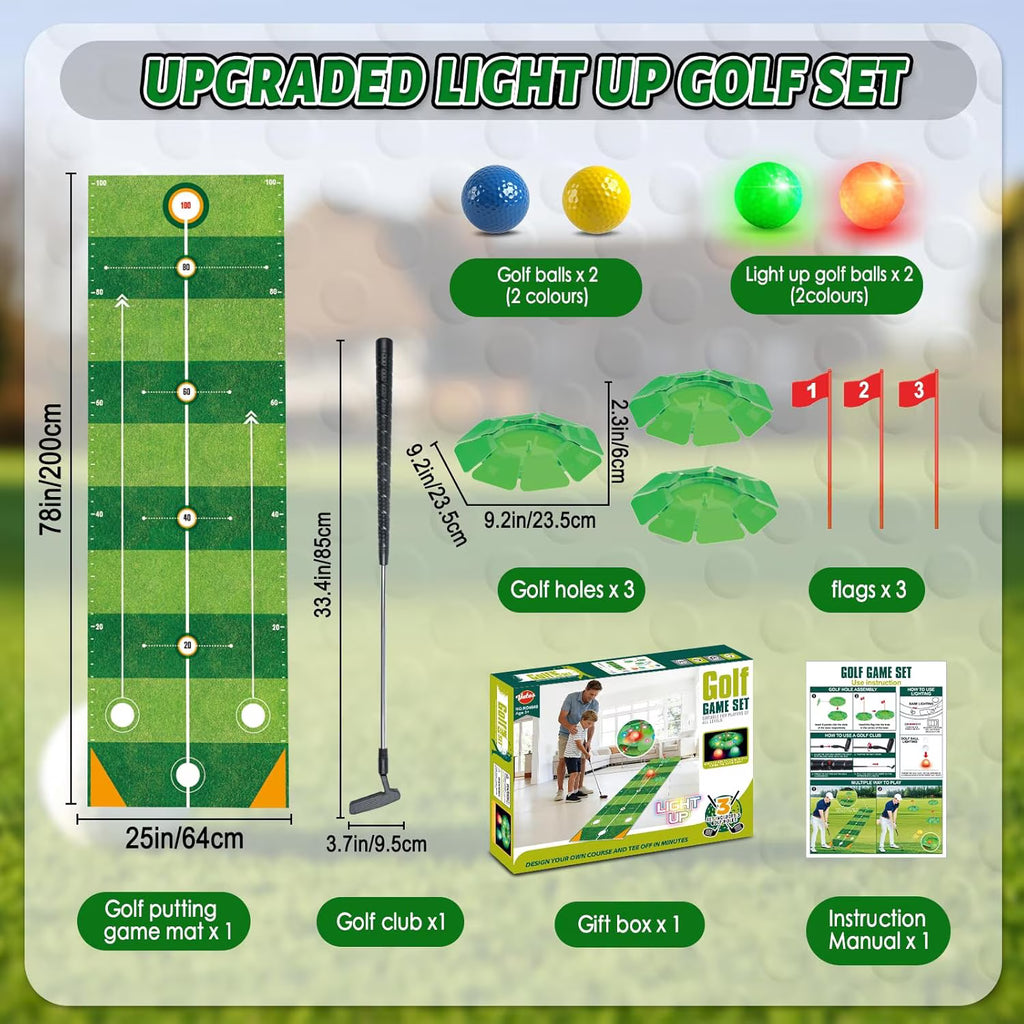 TERRAMUS Kids Golf Toy Set, 6.5ft Putting Mat Adjustable Putter 3 Target Holes 4 High-Visibility Balls Indoor Outdoor Sport Game Gift Kids Age 3+