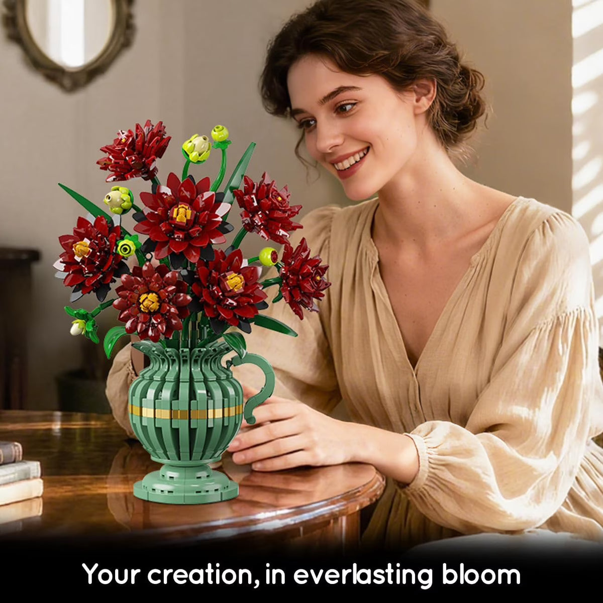 TERRAMUS Dahlia Flower Bouquet Building Set with Vase, 1482 Pcs Flower Bouquet Botanical Collection Building Block, Artificial Plant Bonsai Kit Home Decor Construction Toy for Ages 12+