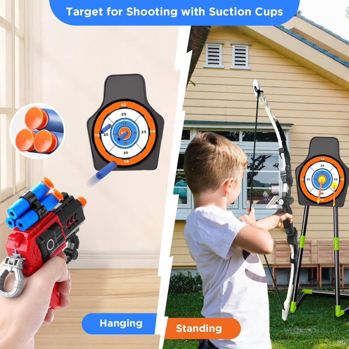TERRAMUS Kids Archery Target Game Set, 2-Pack Luminescent Active Bows with Pneumatic Launchers Vacuum Suction Arrows Toys for Boys Girls Ages 5-11+