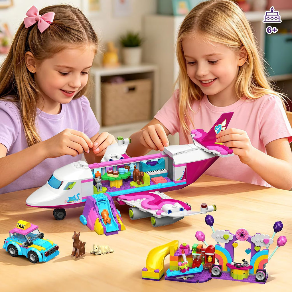 TERRAMUS 3-in-1 Friends Airplane Building Set with LED Light, 642PCS Passenger Plane/Submarine/Space Shuttle Building Toys with Playground, Taxi Car, Slide, STEM Gifts for Kids Girls Boys Ages 6-12+