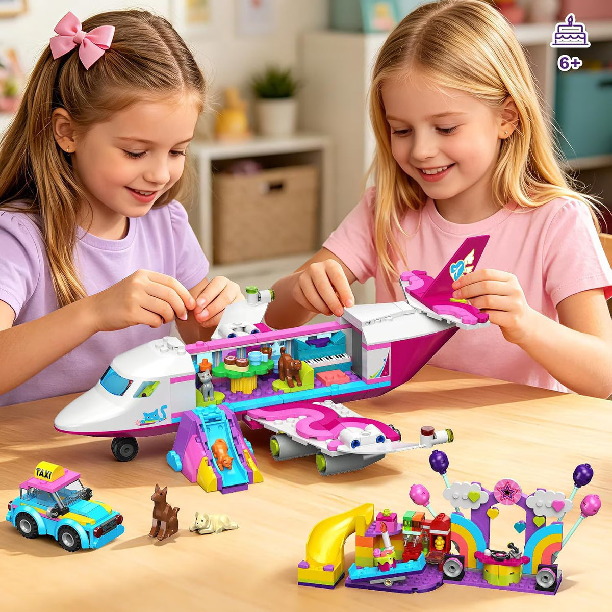 TERRAMUS 3-in-1 Friends Airplane Building Set with LED Light, 642PCS Passenger Plane/Submarine/Space Shuttle Building Toys with Playground, Taxi Car, Slide, STEM Gifts for Kids Girls Boys Ages 6-12+
