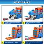 TERRAMUS Dinosaur Transport Truck Toy, 2-in-1 Folding 65-Inch Racing Track Carrier Vehicle with 8 Diecast Cars Toys for Toddlers Kids Age 3+