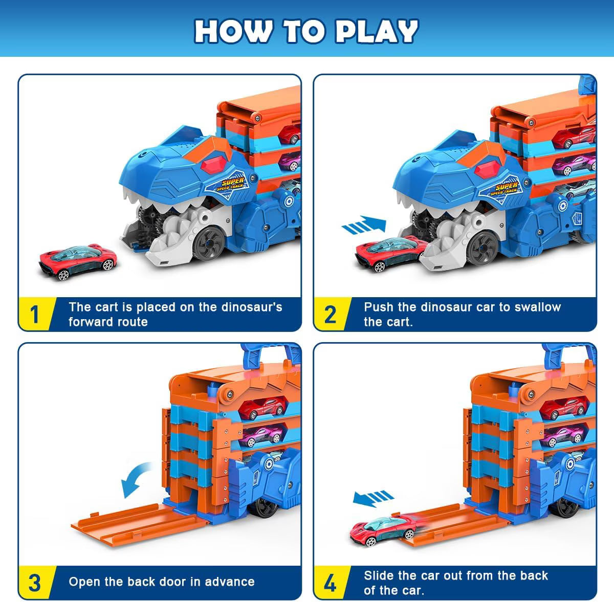 TERRAMUS Dinosaur Transport Truck Toy, 2-in-1 Folding 65-Inch Racing Track Carrier Vehicle with 8 Diecast Cars Toys for Toddlers Kids Age 3+
