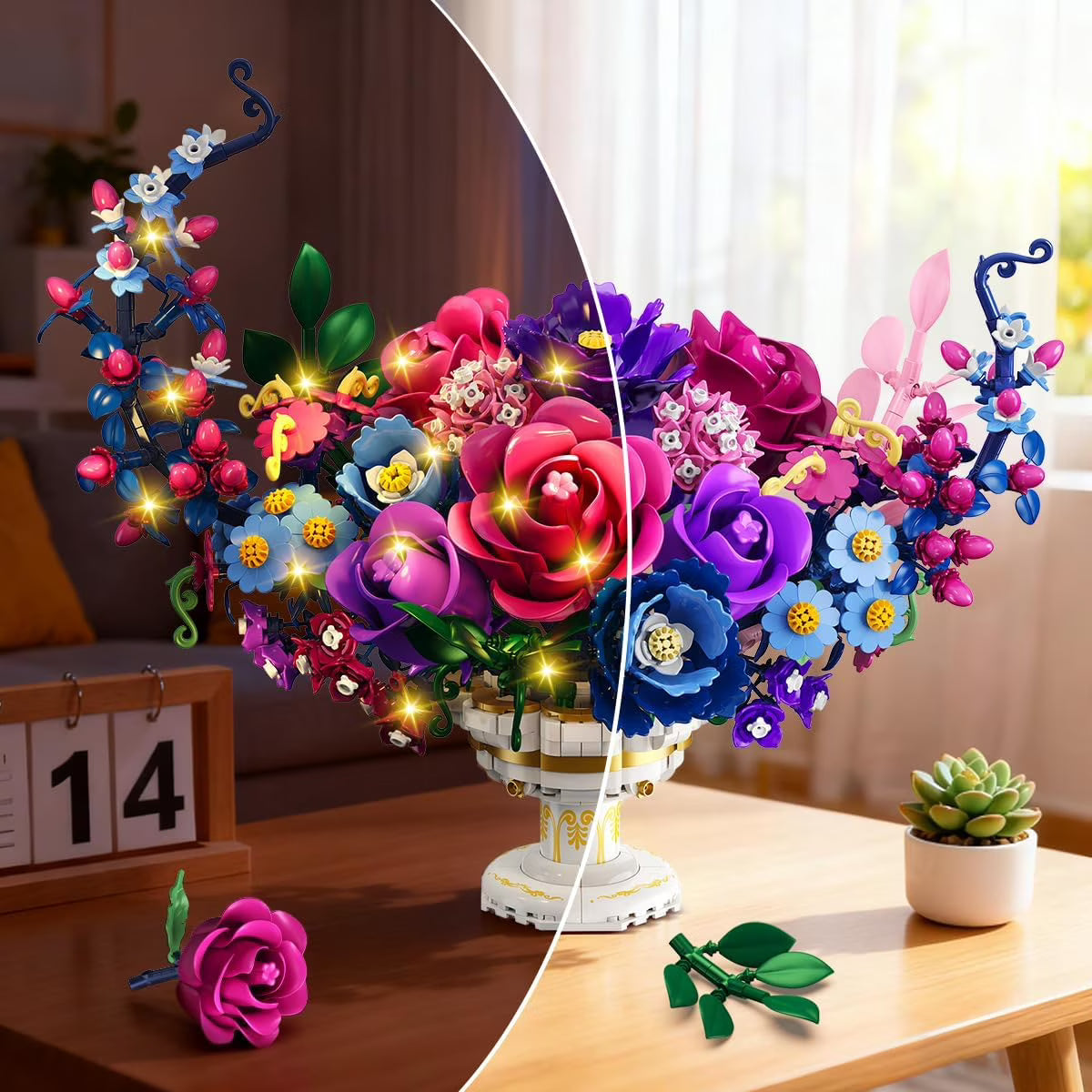 TERRAMUS Moon Flower Bouquet Building Set with LED Light, 1274 Pcs Crescent Shape Floral Building Kit, Lunar Flower Home Decor Gifts for Women Adults Ages 12+