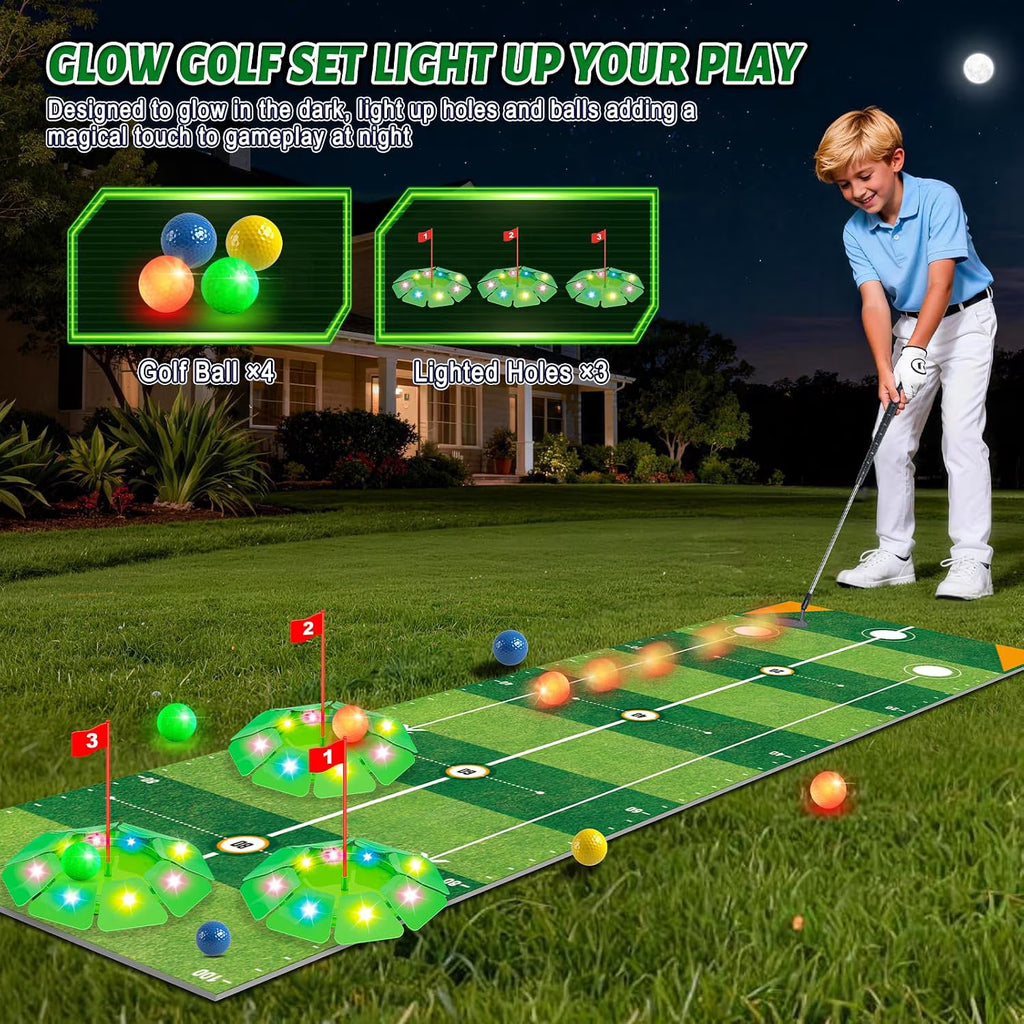 TERRAMUS Kids Golf Toy Set, 6.5ft Putting Mat Adjustable Putter 3 Target Holes 4 High-Visibility Balls Indoor Outdoor Sport Game Gift Kids Age 3+