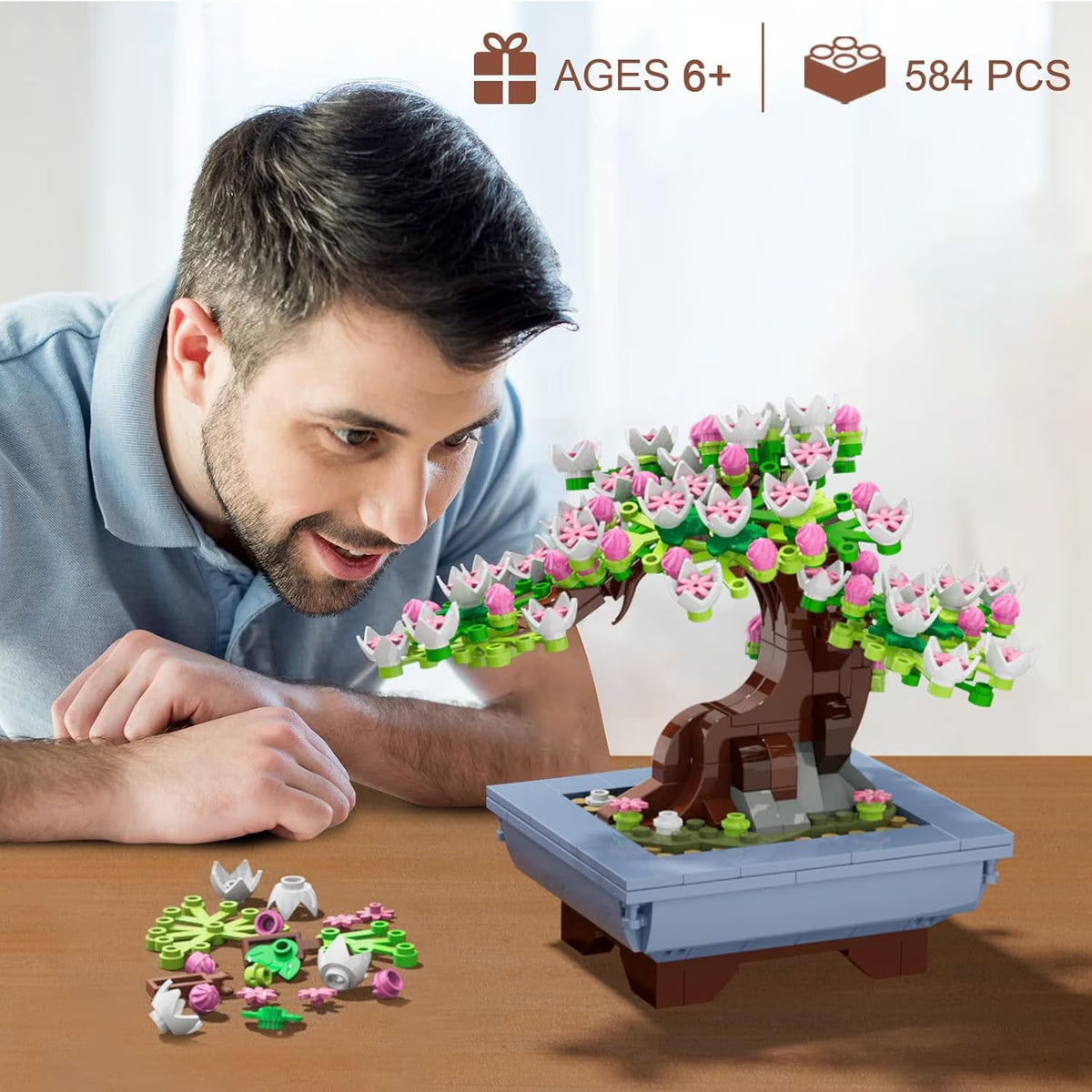 TERRAMUS 4 in 1 Four Seasons Bonsai Tree Building Set, 584 PCS Botanical Collection Cherry Blossom Brick Toy, Desk Decor Gifts Adults Kids 6+