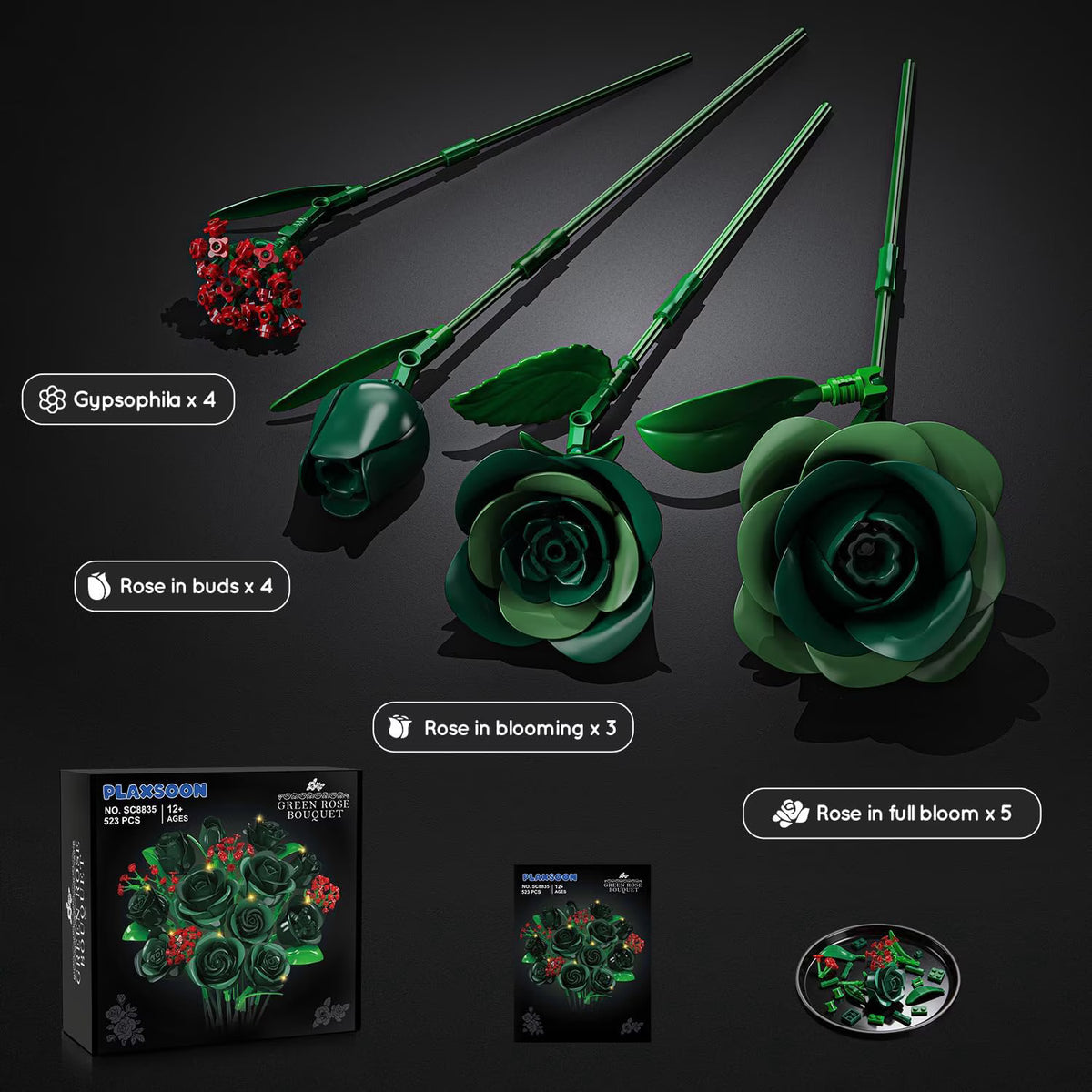 TERRAMUS Green Roses Bouquet Building Set with LED Lights,16 Roses & Red Gypsophila Artificial Flowers Botanical Collection Gift for Her Home & Office Decor (523Pcs)