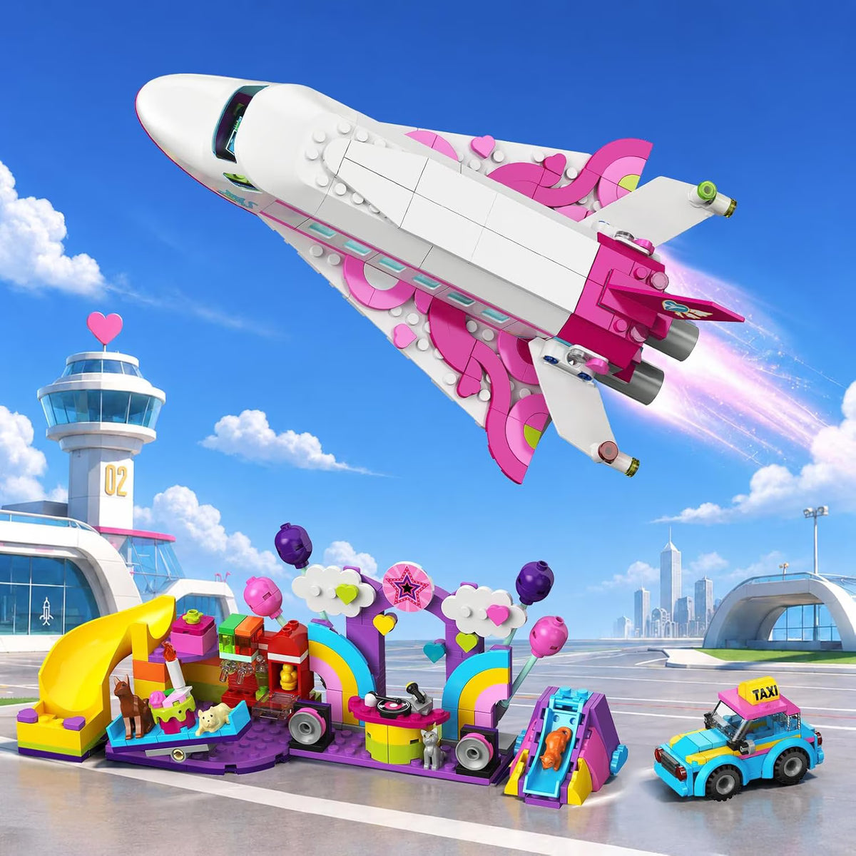 TERRAMUS 3-in-1 Friends Airplane Building Set with LED Light, 642PCS Passenger Plane/Submarine/Space Shuttle Building Toys with Playground, Taxi Car, Slide, STEM Gifts for Kids Girls Boys Ages 6-12+