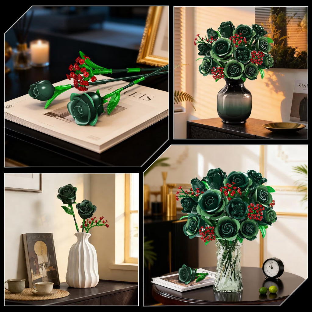 TERRAMUS Green Roses Bouquet Building Set with LED Lights,16 Roses & Red Gypsophila Artificial Flowers Botanical Collection Gift for Her Home & Office Decor (523Pcs)
